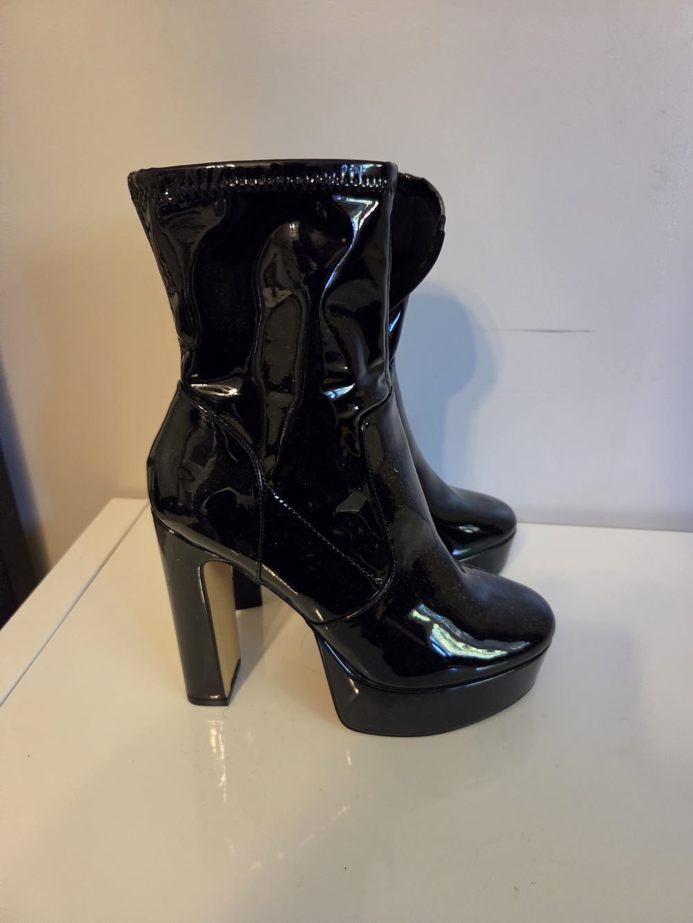 Aldo Patent Black Platform Ankle Boots with Block Heel Size 10